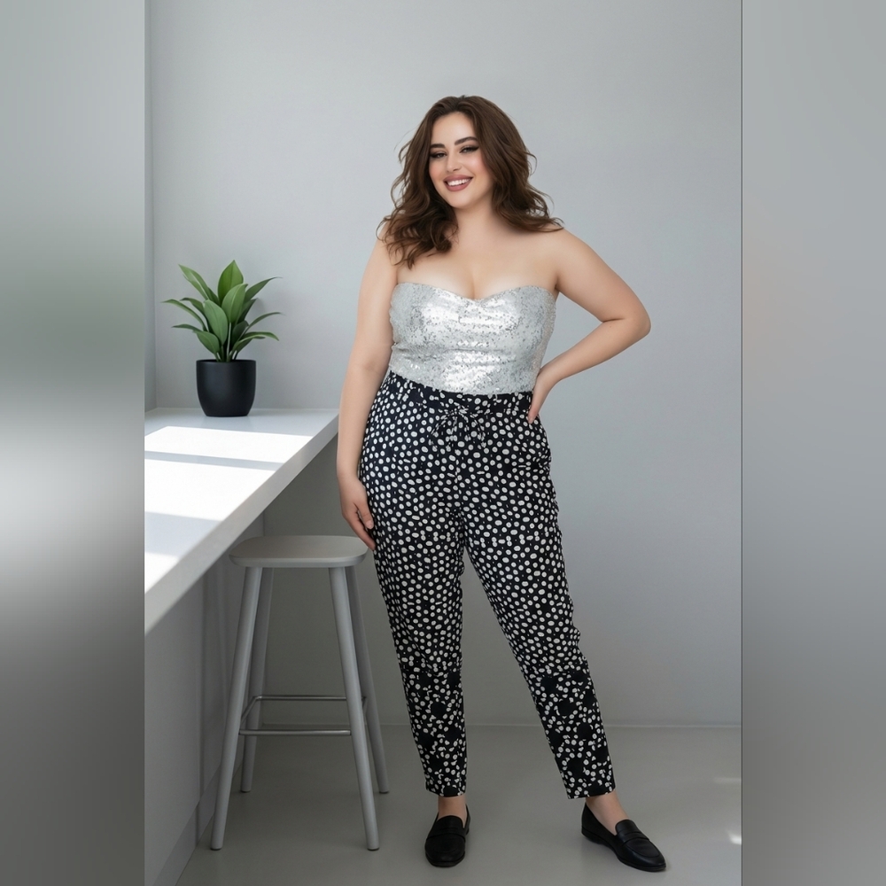 NWT Adrienne Vittadini Black White Polka Dot Wide Leg Pants Size L